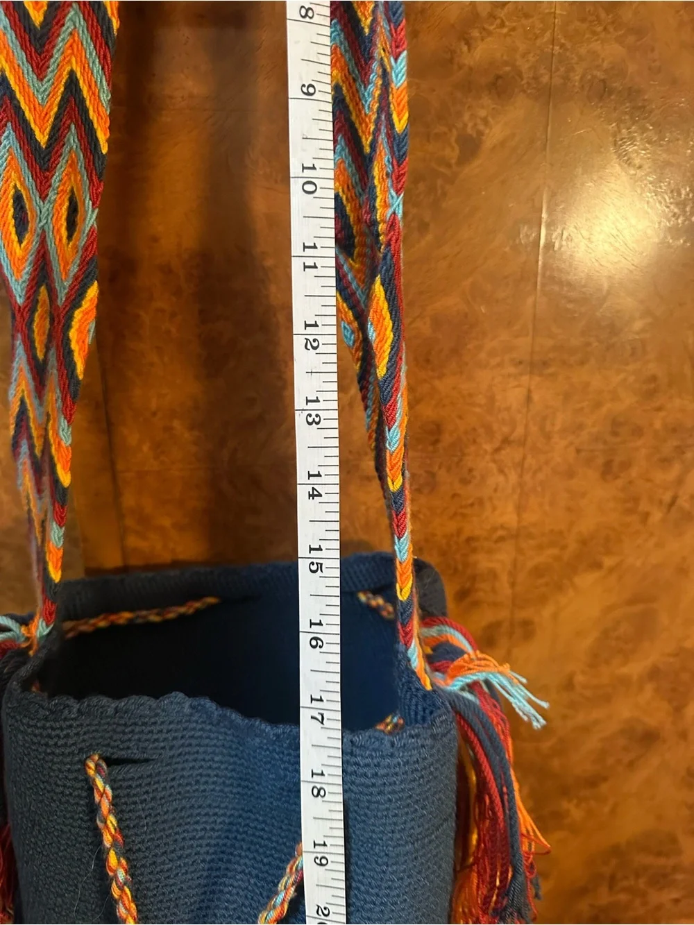 Handwoven Blue Bucket Bag with Multicolor Strap
